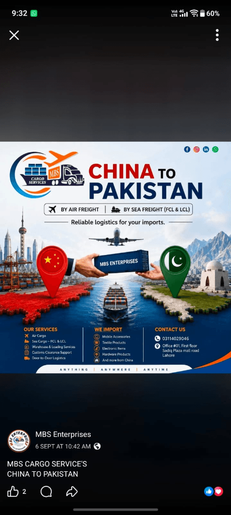 MBS Enterprises China to Pakistan Cargo Services